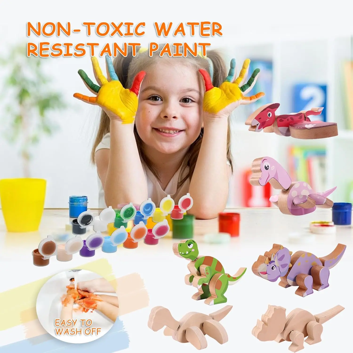 Blocs de construction en bois à connexion instantanée, jouets dinosaures pour enfants de 3 à 5 ans, Kit d'artisanat de construction et de peinture avec peintures, 45 pièces pour enfants