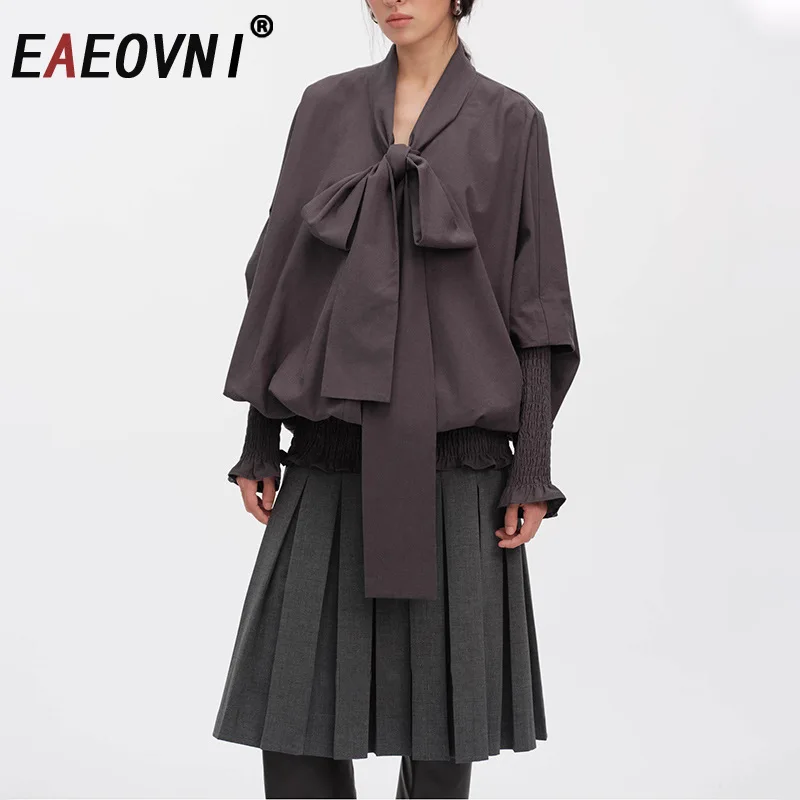 

EAEOVNI Korean Style Women's Blouse Bandage Bow Collar Design Lantern Sleeve Solid Color Loose Shirt Fashion 2026 New Clothing