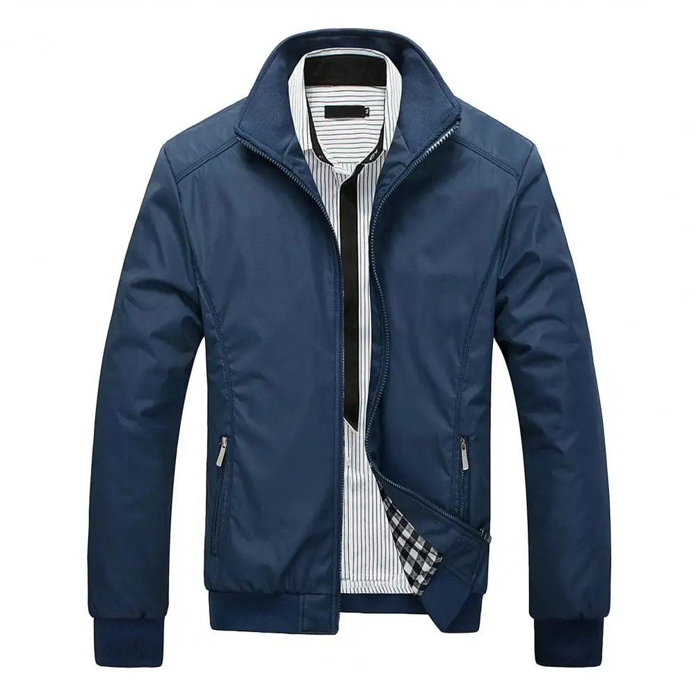 Plus Size Men Autumn Winter Jacket Business Stand Collar Long Sleeves Pockets Zipper Jacket Coat Male Outerwear