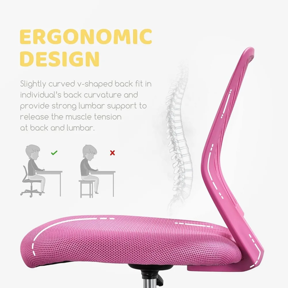 كرسي دراسة لطيف بدون ذراع منخفض الظهر مع دعم قطني كرسي مكتب دوار قابل للتعديل للطلاب في المنزل وغرفة النوم والمدرسة، أحمر وردي #6