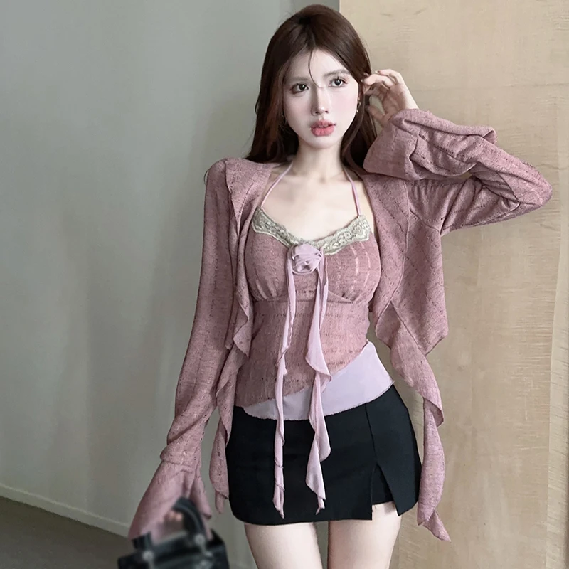 Women's Vest Suit Cardigan Coat Neck strap Knitted Flared sleeves Slim fitting Designed Sexy