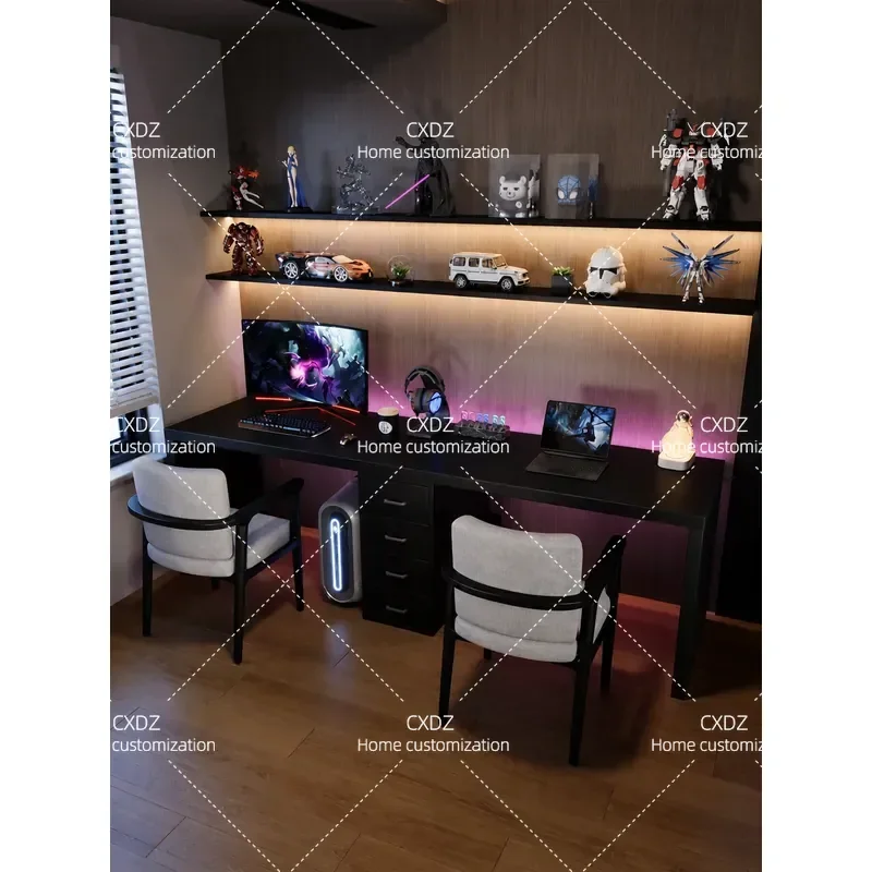 All Solid Wood Black Double Computer Desk with Integrated Bookshelf Student Home Study Table E-sports Gaming Desk
