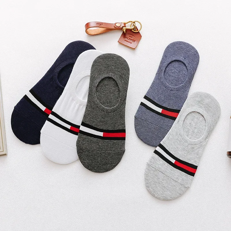 5pair/lot Fashion Men\'s Boat Socks Cartoon Bear Summer Autumn Non-slip Invisible Silicone Cotton Ankle Slippers Retro Stripe Men