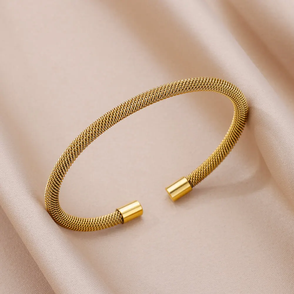 Fashion Round Rope Weave Bangle for Women Men Open Gold Color Stainless Steel Cuff Bracelet Femme  Punk Jewlery Accessories