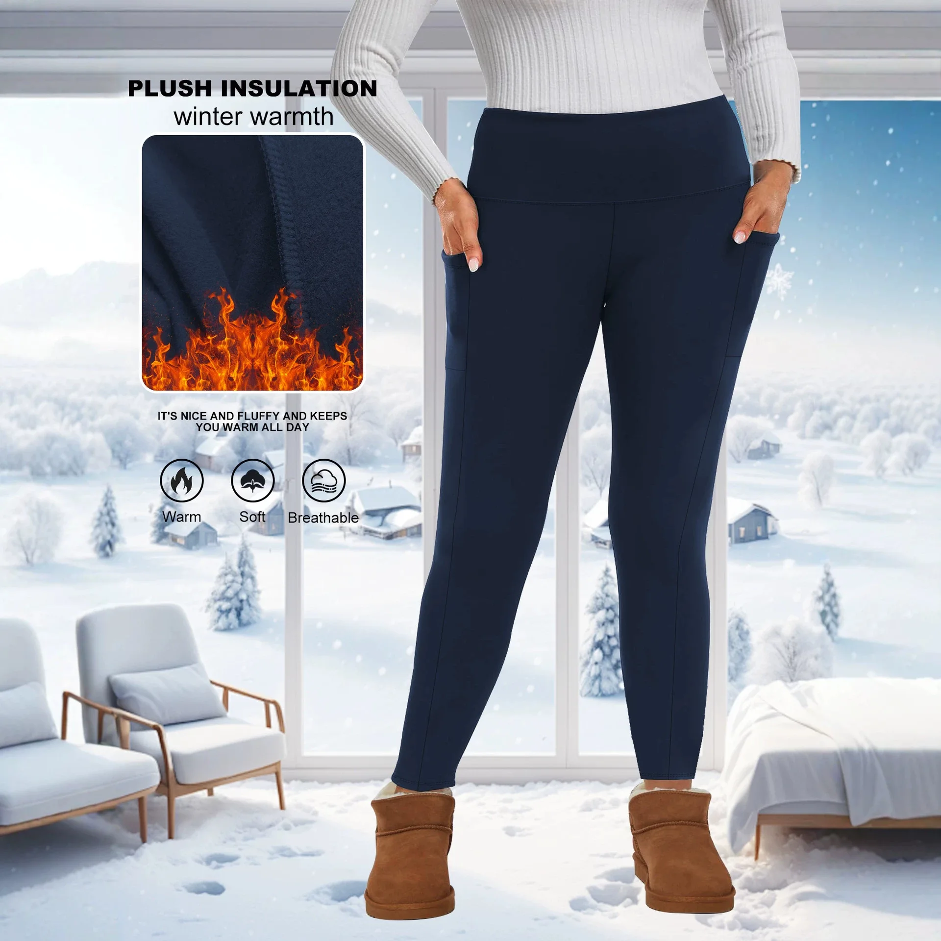 Women Plus Size High Waist Fleece Lined Leggings with Pockets Winter Thermal Yoga Workout Leggings Multipack