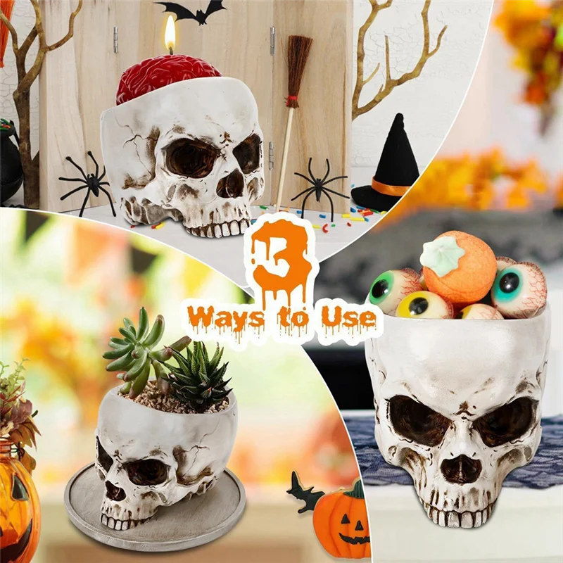 AD-Halloween Multifunctional Skull Container Human Skull Flower Pot Craft Storage Container Multifunctional Home Decoration