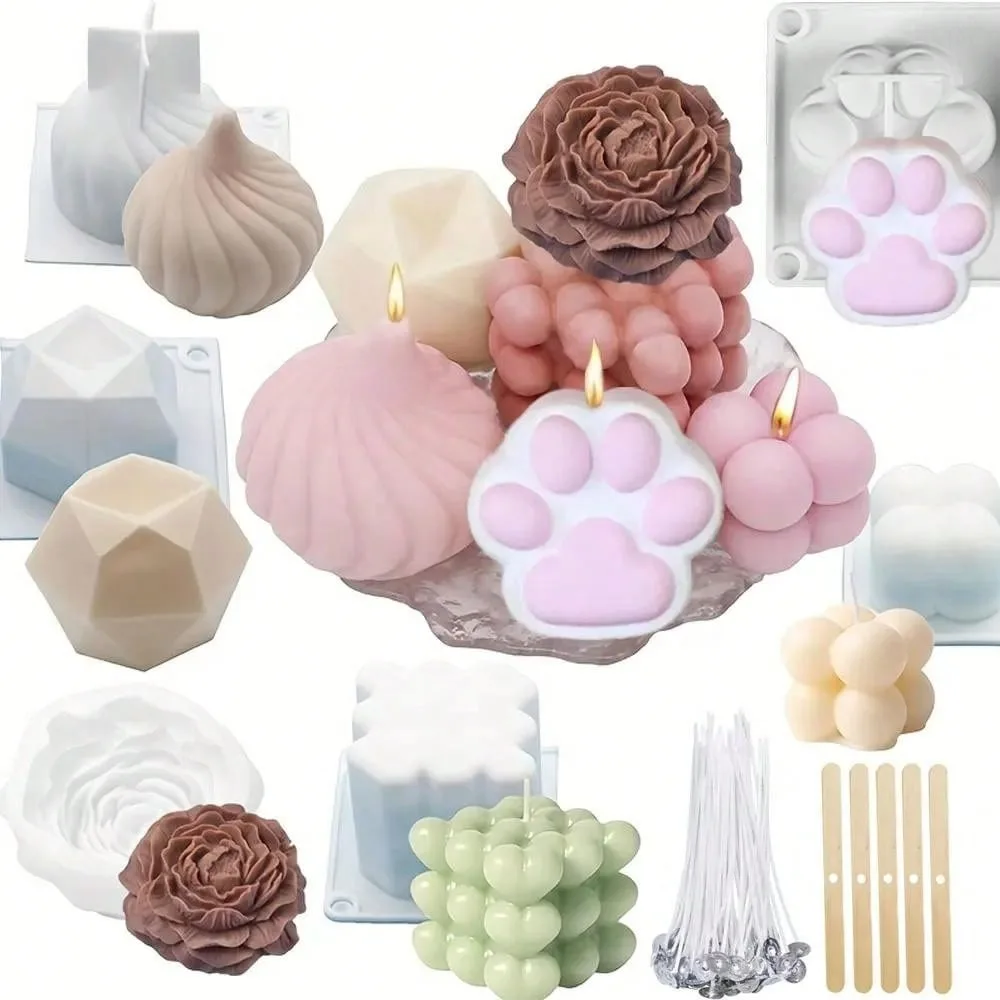 61pcs/set Silicone Candle-Making Mold Set with 50 Wicks 5 Holder Geometric Bubble Rose Resin Molds for DIY Handcraft Enthusiasts