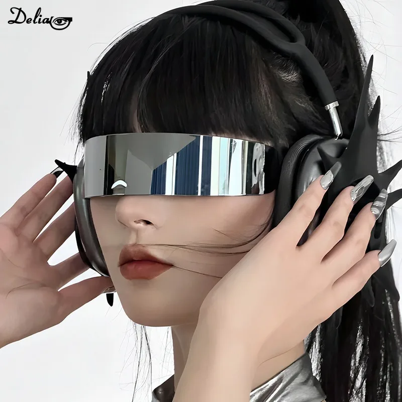 نظارات شمسية بدون إطار لمحارب المستقبل للرجال والنساء ، عدسة قطعة واحدة تلتف حولها ، فاسق إلكتروني ، مستقبلية ، حفلة هيب هوب ، نظارات شمسية ، Y2K ،