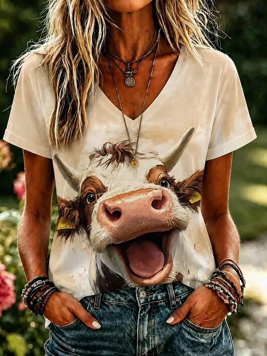 Women's Spring Summer 3D Printed V Neck Tee, Blue Sky White Cloud Grassland Laughing Cow Realistic Animal Print Casual Daily Top
