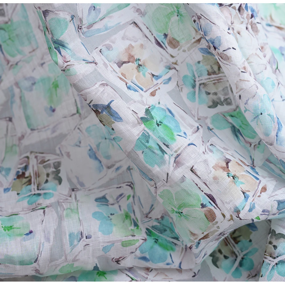 Floral Print Fabric by the Yard. Linen Fabric with Beautiful Floral Patterns, Blue green flowers,Suitable for Making Skirts