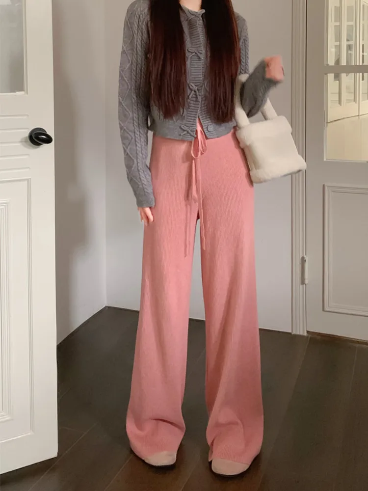 Cor sólida cordão de malha calças casuais para mulheres outono inverno cintura alta longa perna larga preto branco rosa calças soltas