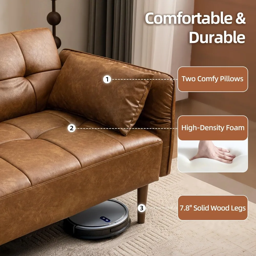 "85" Futon Sofa Bed - Storage & Adjustable Armrests, Faux Leather Mid-Century Sleeper for Small Spaces"