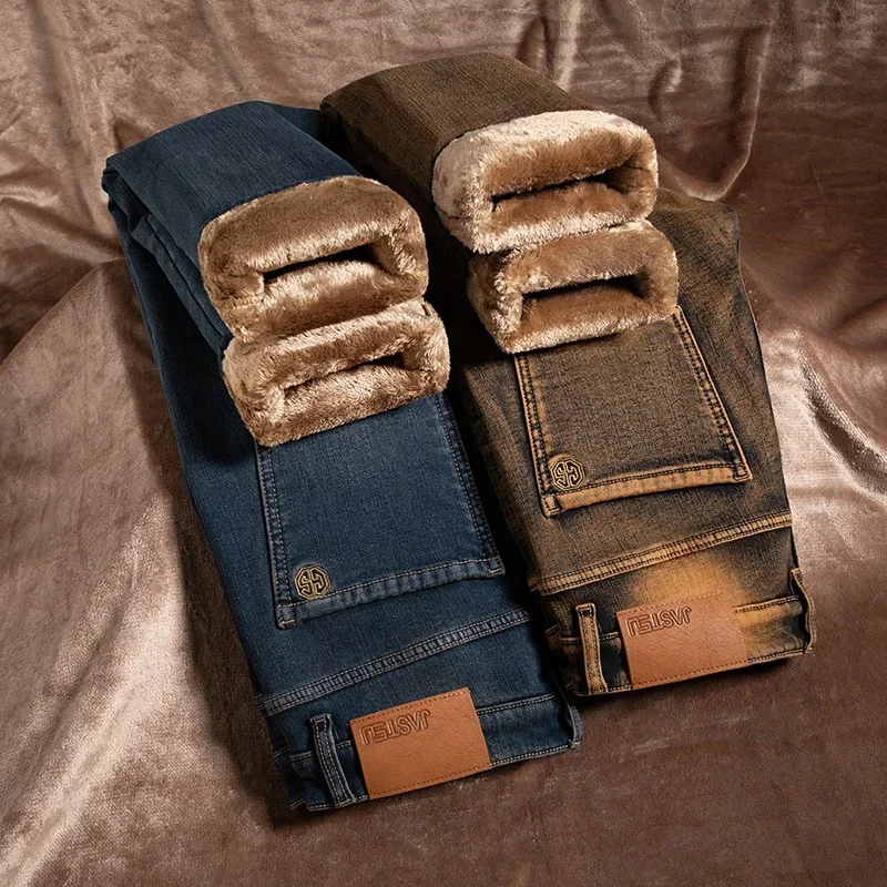 High Quality Brown Winter Jeans Men's Thickened Velvet Warm Elastic Straight Denim Pants Fashion Vintage Korean Plush Trousers