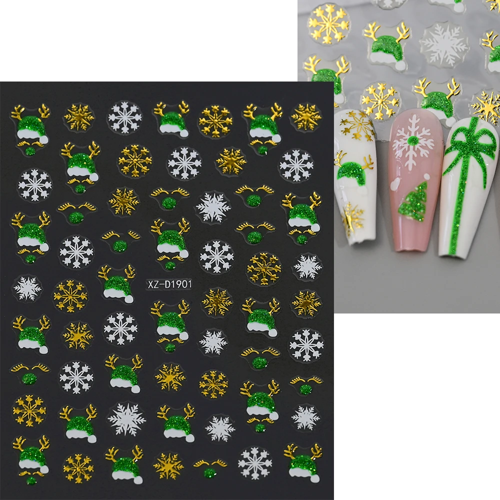 1pc 3D 녹색 반짝이 크리스마스 네일 스티커 황금 눈송이 녹색 모자 엘크 뿔 네일 데칼 크리스마스 파티 Selfadhesive Nail Sli