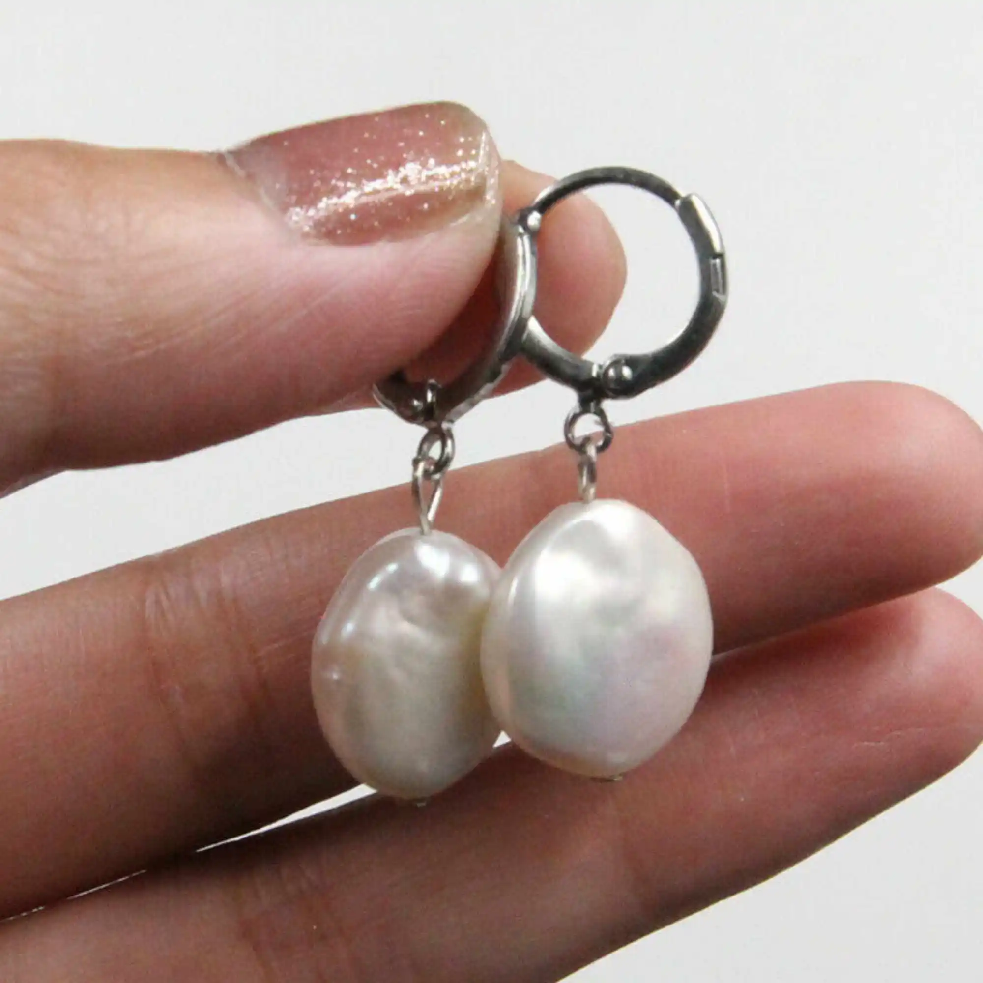 

Fashion natural 13-14mm White Unusual Coin Drop Pearl silver Earrings Christmas Women Diy