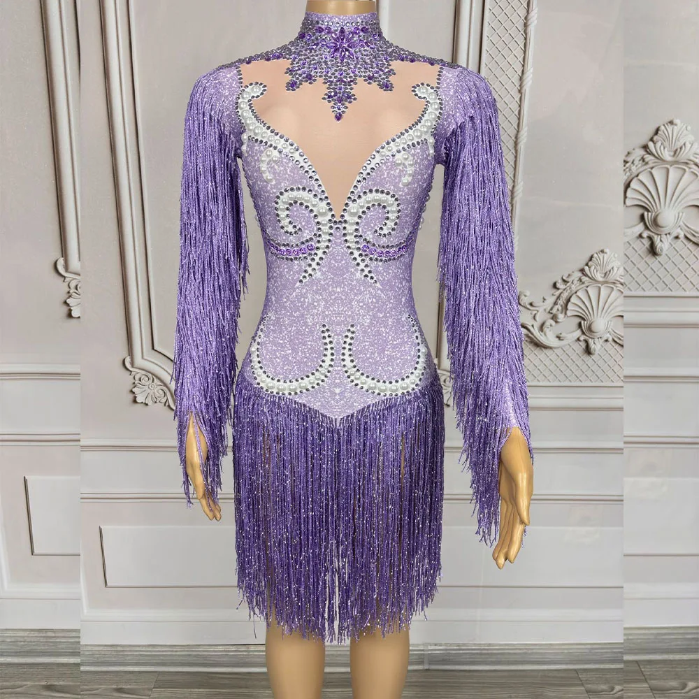

Sparkly Purple Black Rhinestones Long Sleeve Fringes Bodysuit Women Sexy Performance Dance Costume Nightclub Singer Dancer Gowns