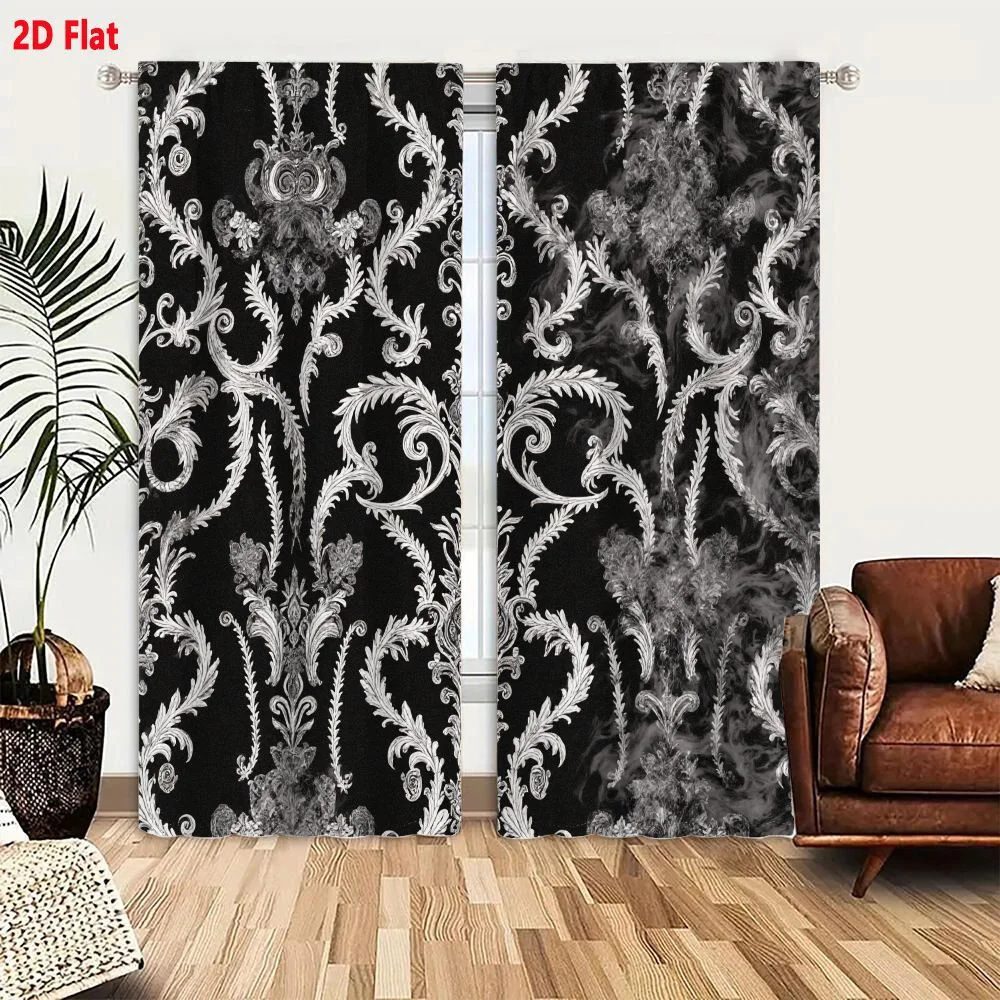 2Pcs Curtains 2D Flat Black And White Ornate Pattern With Symmetrical Floral Scrollwork Motifs On Solid Background Window Drapes