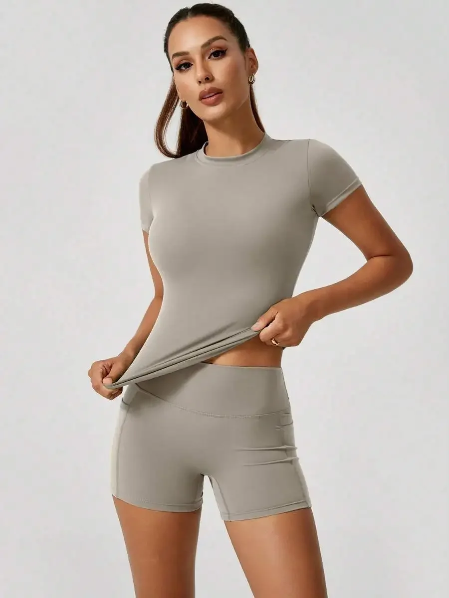 Women's Sweet Sports Short Sleeve High Waist Tummy Control Butt Lifting Shorts Set