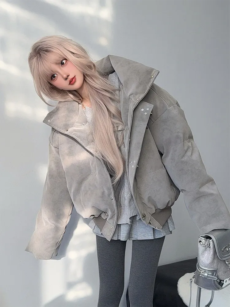 Women PU Gothic Winter Parka Jacket Warm Thicken Outerwear Harajuku Oversize Turtleneck Padded Jackets Vintage 2000s Clothes