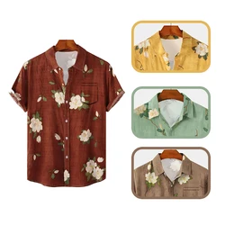 Men Hawaiian Style Short Sleeve Shirt, Summer Casual Floral Print, Green Button Down Shirt, Loose Women Vintage Flower Beach Top
