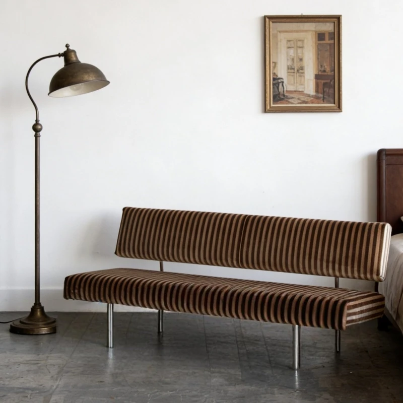

Retro striped fleece sofa three-person living room small apartment designer medieval stainless steel leisure reception sofa