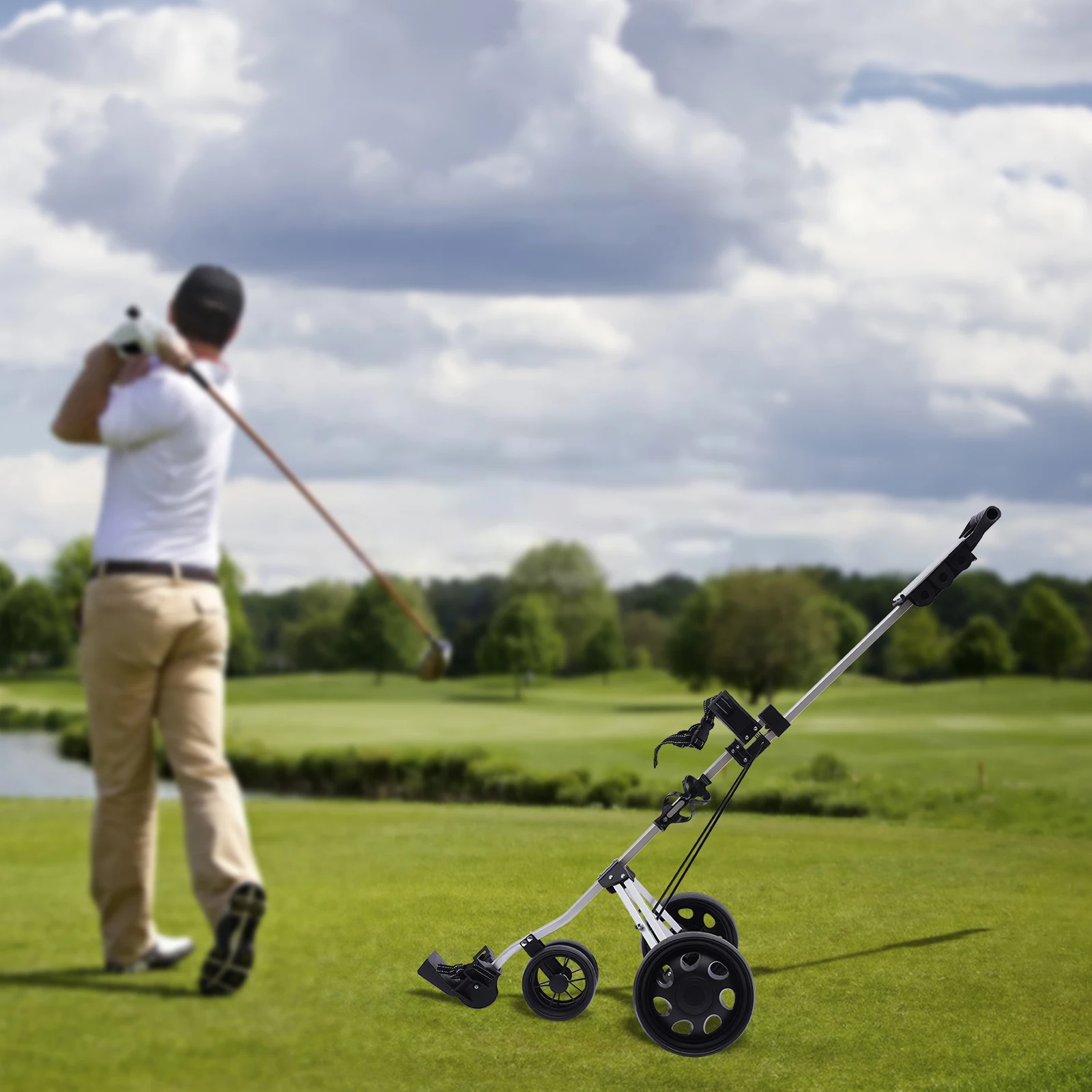 Golf Push Cart,3 Wheel Pull Portable Trolley with Foot Brake,Adjustable Straps,ONE Second to Open Close, for Course, Gym, School