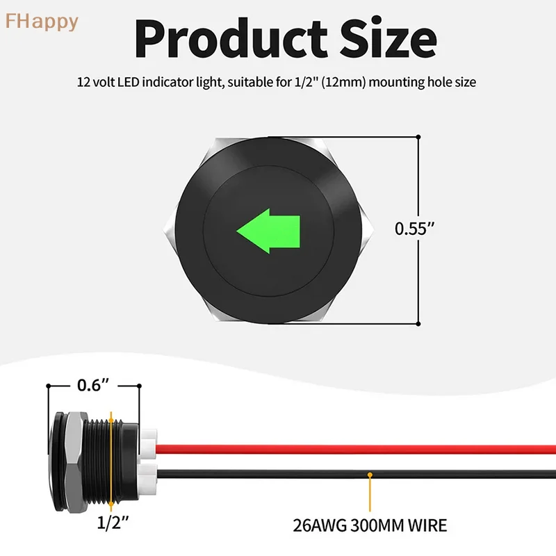 

2Pcs Green Single Arrow Symbols 12V LED Indicator 12mm Wire Lead Metal Turn Signal Lamp Dash Light Car Lights Accessories