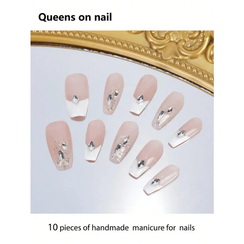 

10 Pieces Handmade press on Nails Ballet Style Fake Nails/Color Matching/Various Sparkling Rhinestones/Sequins/For Young Girls