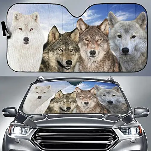 Funny Wolf Family Wolf Lover Car Sunshade, Front Window Sun Cover for Wolf Lover, Wolf Auto Sunshade for Car Decor, Car Windshie