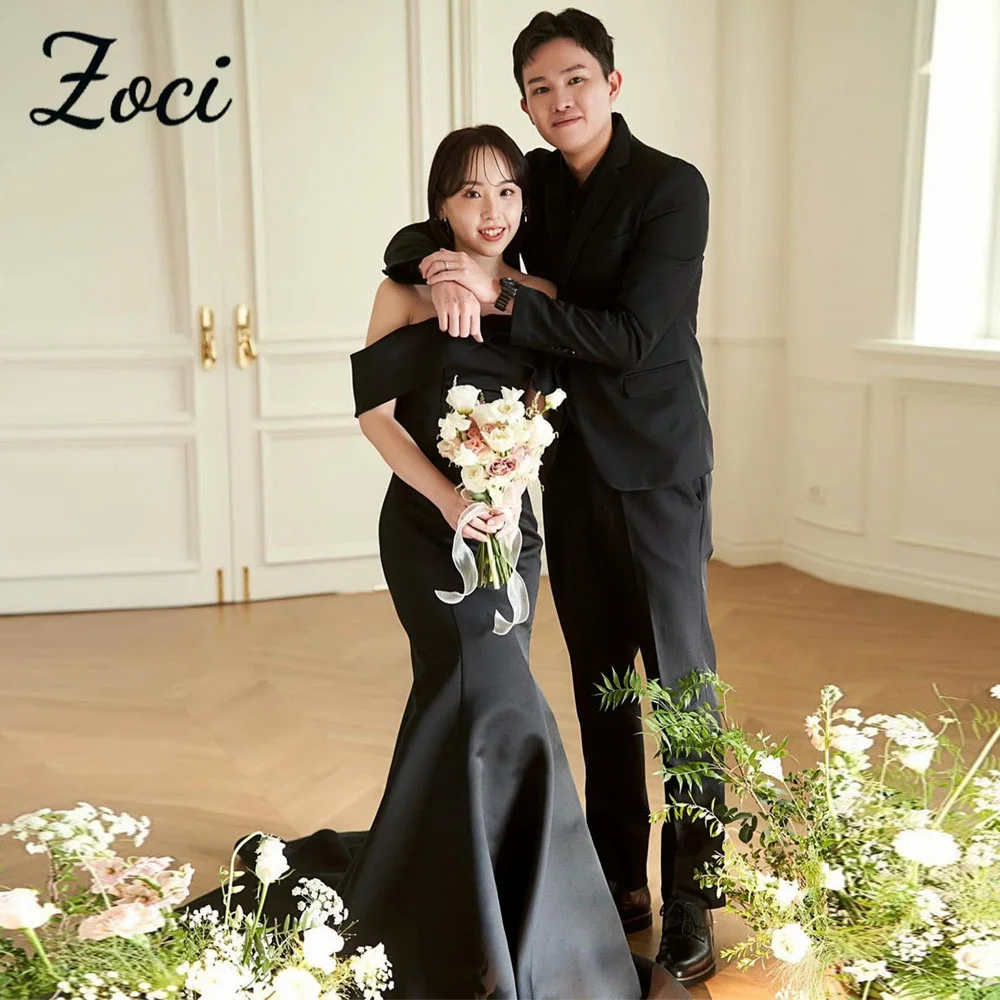 

Zoci Elegant Off Shoulder Korea Evening Dresses Black Mermaid Customized Photos Shoot Sweep Train Formal Occasion Party Dress