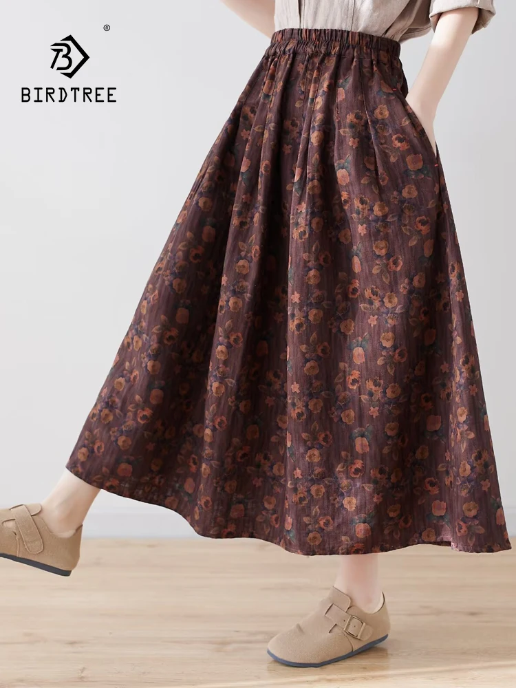 

New Spring Cotton Linen Skirt Women Elastic Waist Appear Thin Skirt Girl Loose Flower Print Commute Skirt 2024 Autumn B432109QC