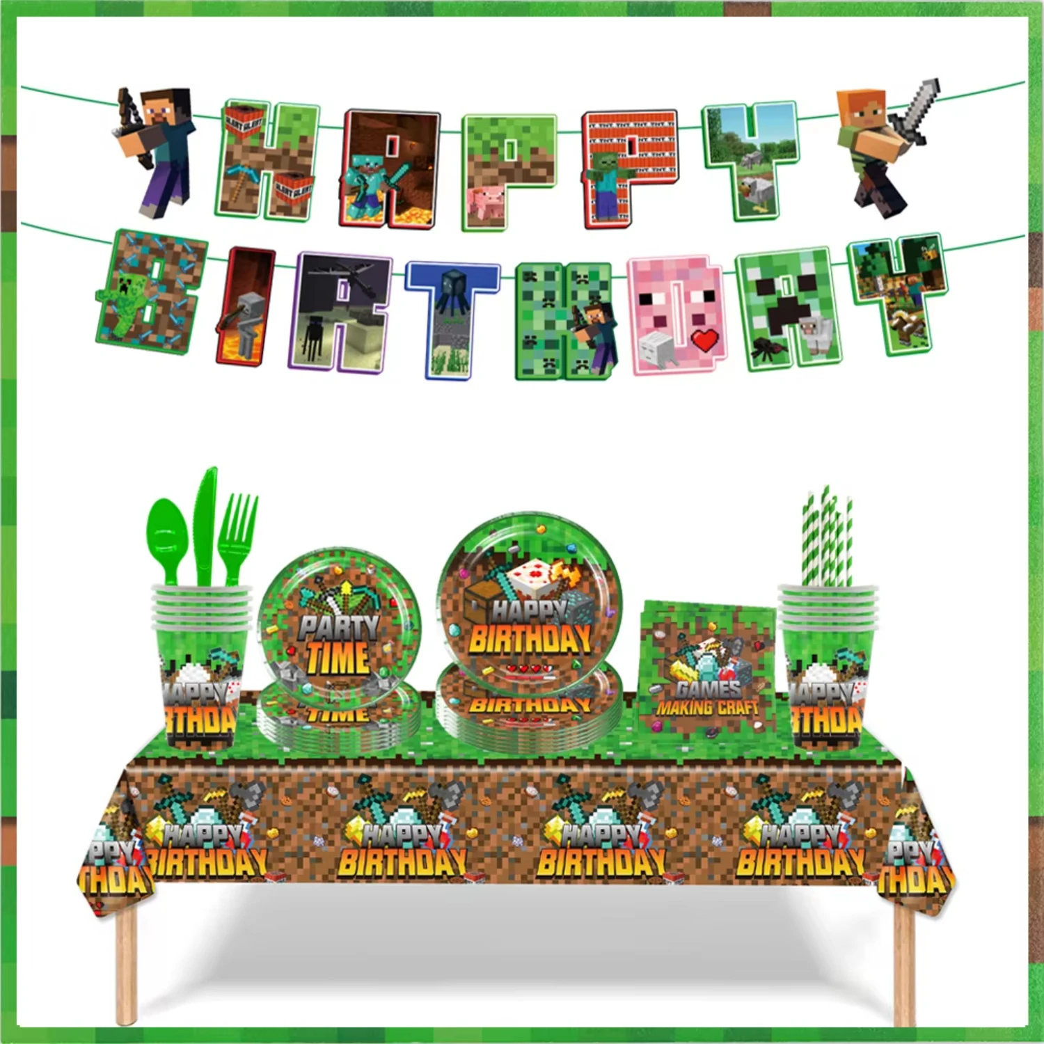 

Miner Crafting Pixel Video Game Party Decor Disposable Tableware Backdrop Party Supplies Cup Plate Banner Toy Gifts