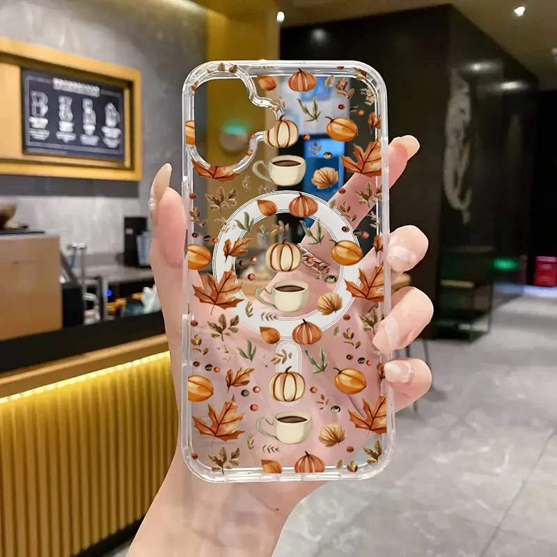 Transparent Pumpkin Autumn Leaves with Coffee Case For Samsung Galaxy S24 S22 S21 S23 S25 Ultra Plus FE Wireless Charge Cover
