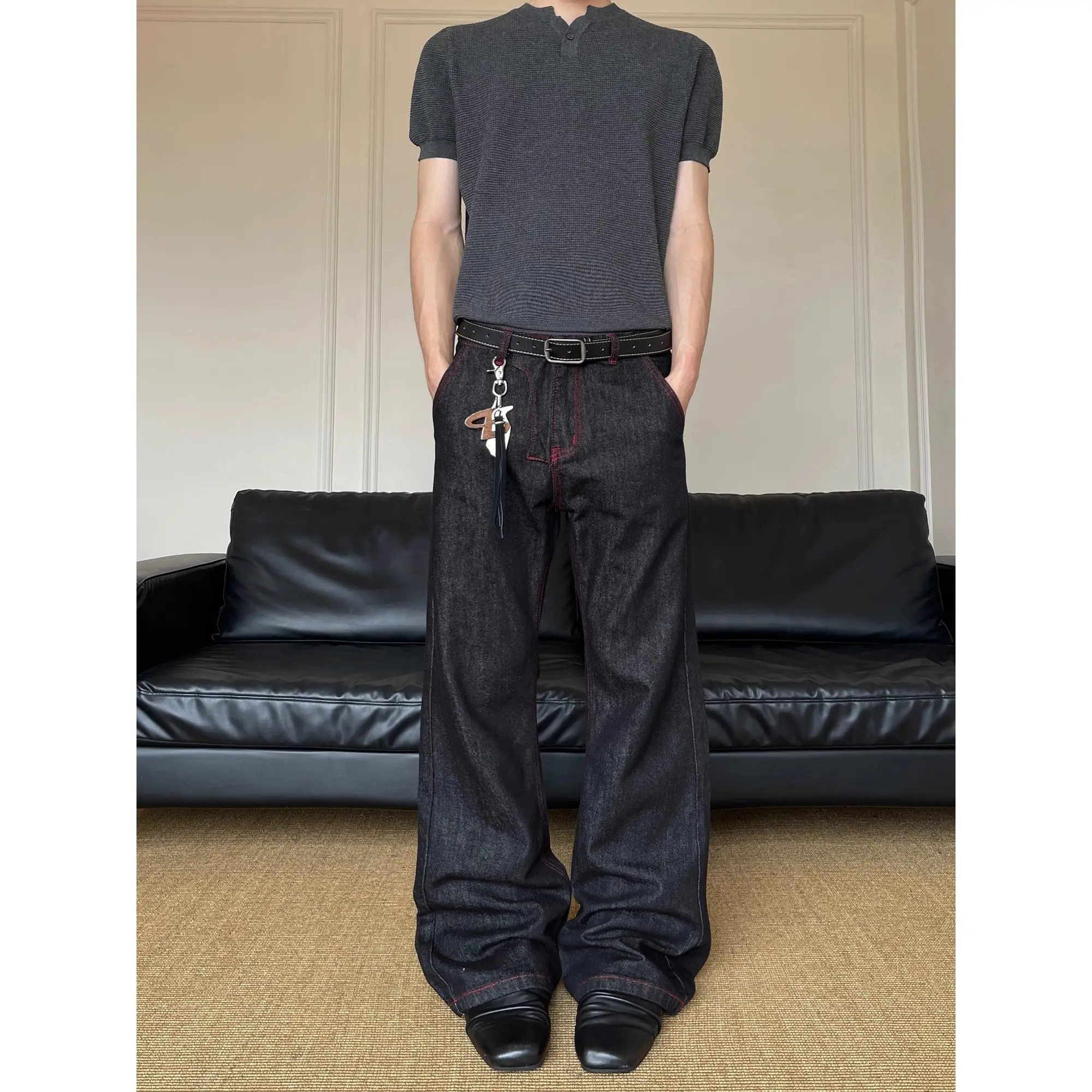 Men's Red Bright Line Decoration Retro Baggy Jeans New Fashion Trend Autumn Trousers Male High Waisted Wide Leg Denim Pants