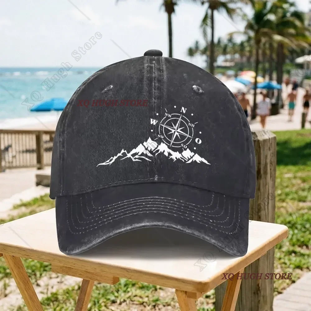 Outdoor Adventure Mountain Compass Print Washed Distressed Dad Hat Hiking Travel Casual Cap