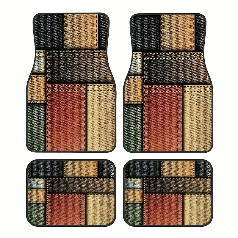 

4pcs Color Patchwork Pattern Design Car Mats Easy To Clean Washable Interior Accessories Stylish Car Interior, Holiday Gifts Uni