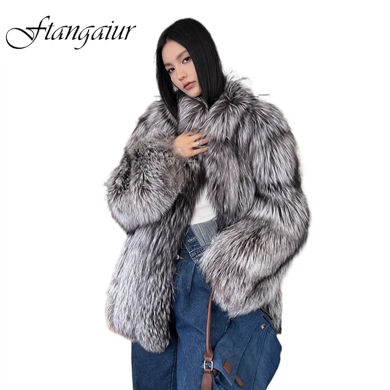 

Ftangaiur Winter Imported Golden Island Fox Fur Mandarin Collar Women Medium Fox Coat Natural Sliver Fur Slim Fox Fur Coats