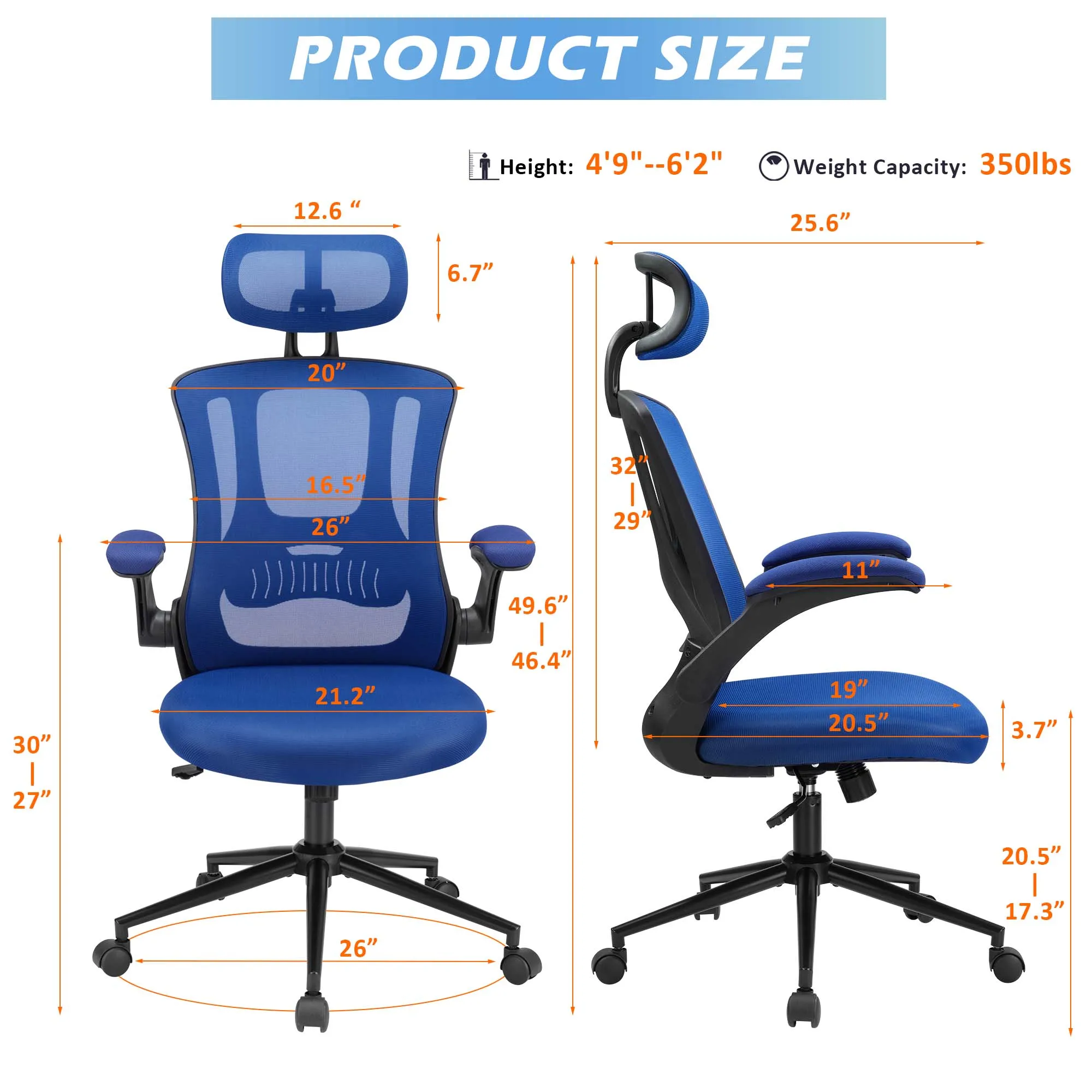 Cadeira ergonômica de escritório com malha ajustável, grande e alta, capacidade de 350Lbs, cadeiras de mesa para computador, encosto alto, apoio lombar, azul