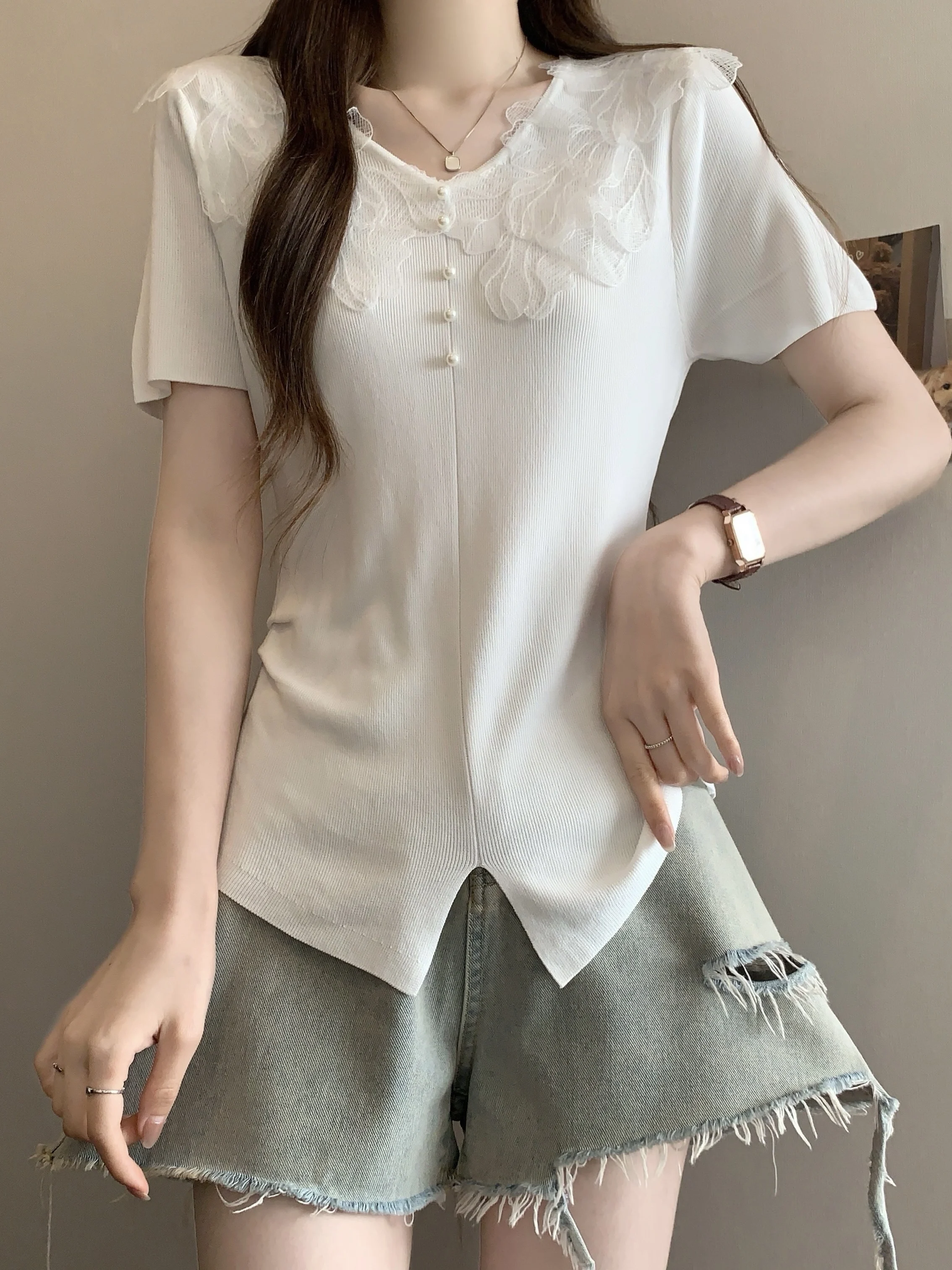 Lace Trim V-Neck Short Sleeve Ice Silk T-Shirt Women's Summer plus Size Slimming Base Shirt Comfortable Soft Knitted Top