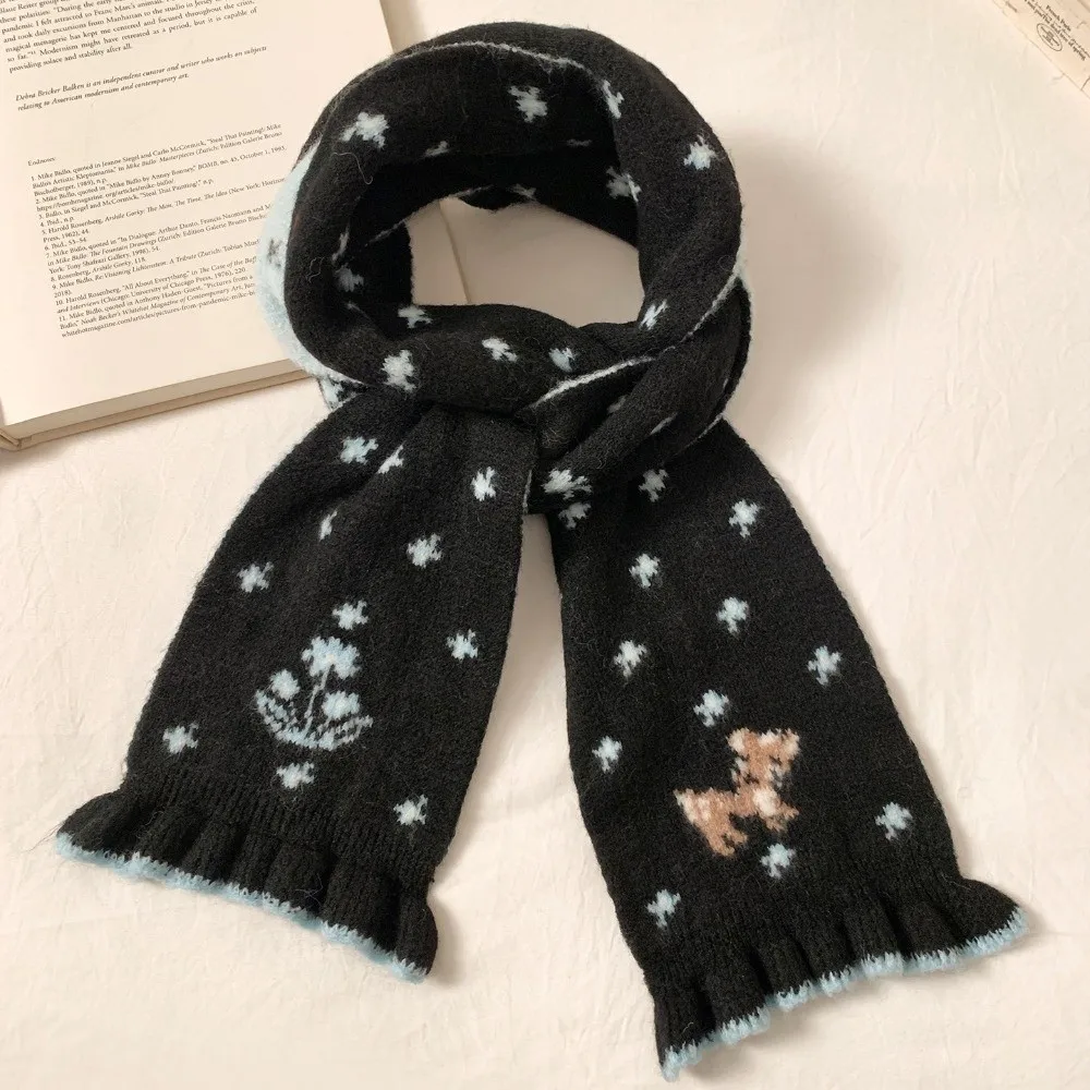 

Cute Little Deer Knitted Scarf Floral Double-Sided Cashmere Scarves Warm Lace Trim Winter Wool Scarf Pashmina