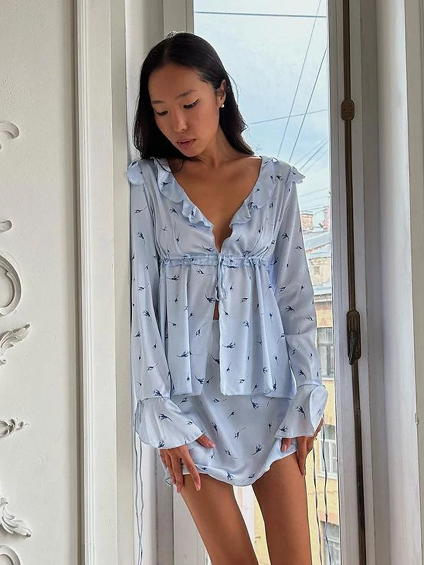 Marthaqiqi Printing Female Pajamas Set Long Sleeve Sleepwear V-Neck Nightie Lace Up Nightgowns Skirt Casual Women Nightwear Suit