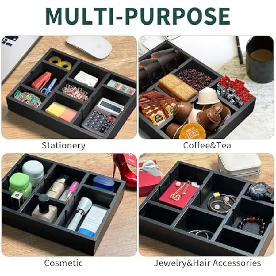 صينية تنظيم درج المكتب مع 9 مقصورات قابلة للتعديل، ملحقات مكتب خشبية، لوازم تخزين منظمة للمكتب