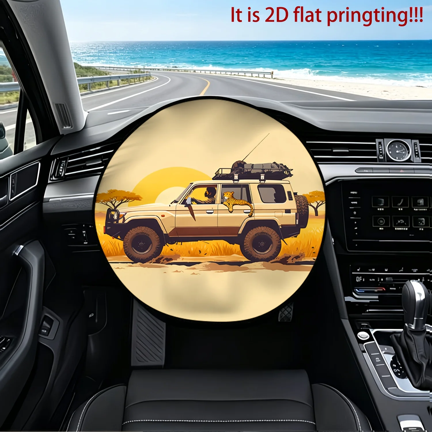 1pc Car Steering Wheel Cover, African Savannah Off-Road Adventure Print Design, Steering Wheel Sunshade, Heat Insulation, Sun Pr