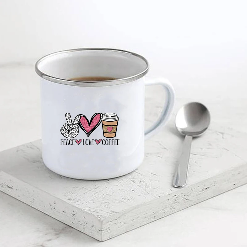 Peace Love Coffee Print Enamel Mugs Creative Vintage Coffee Cups Drinks Dessert Water Milk Cup Camping Mug Handle Drinkware Gift