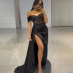 Customized Vintage Prom Dresses Satin Black Off the Shoulder Beaded Evening Gown Wedding Arabic Celebrity Party Robe De Soirée