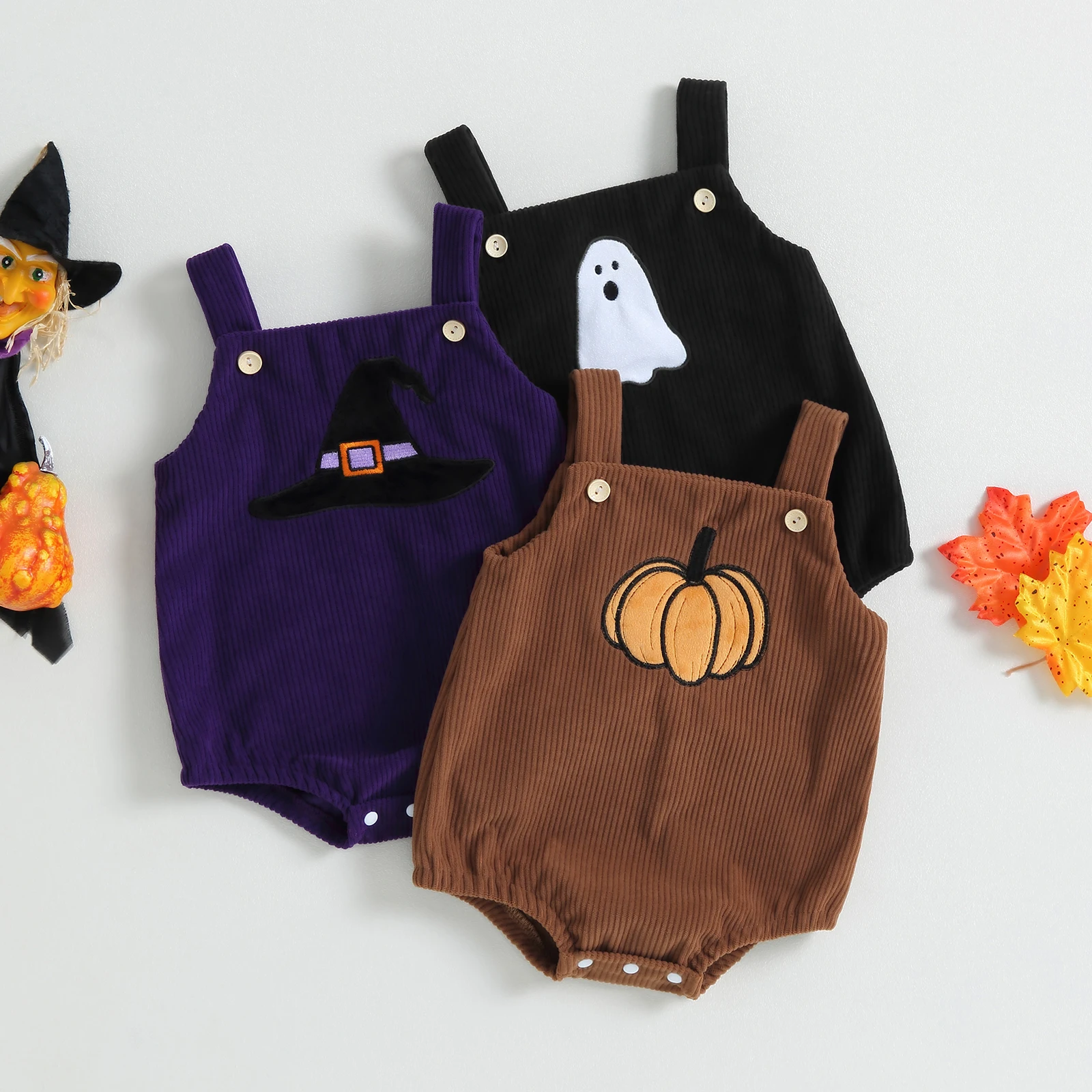 0-18 Months Baby Girls Boys Corduroy Rompers Halloween Clothes Pumpkin/Witch Hat/Ghost Pattern Sleeveless Straps Bodysuits