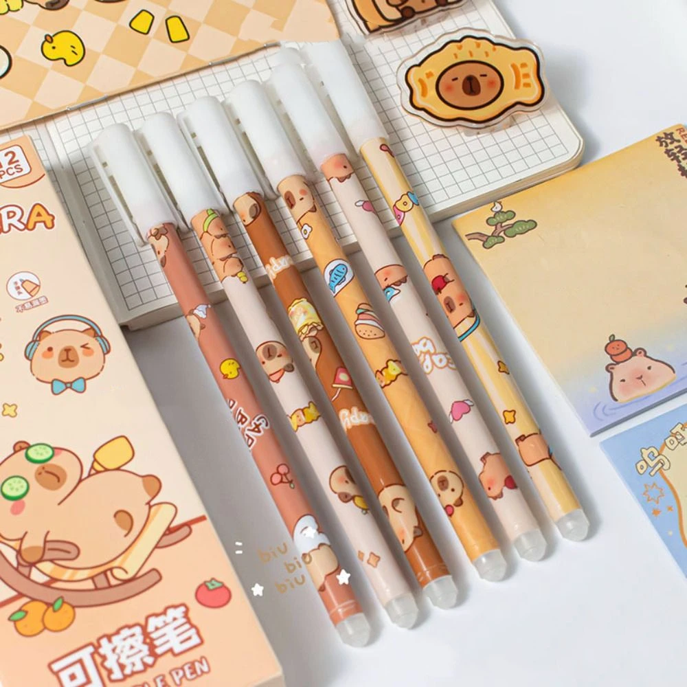 12 Pcs/Set Capybara Pattern Erasable Pen Quick-Drying Blue Ink Writing Smooth Office Accessories Stationery Elegant Pen
