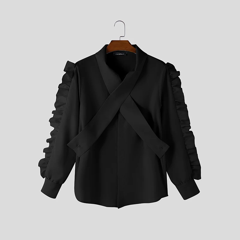 INCERUN Mannen Shirt Effen Kleur Revers Lange Mouw Ruche Casual Mannen Kleding Streetwear Losse Mode Elegante Camisas Mannelijke Tops