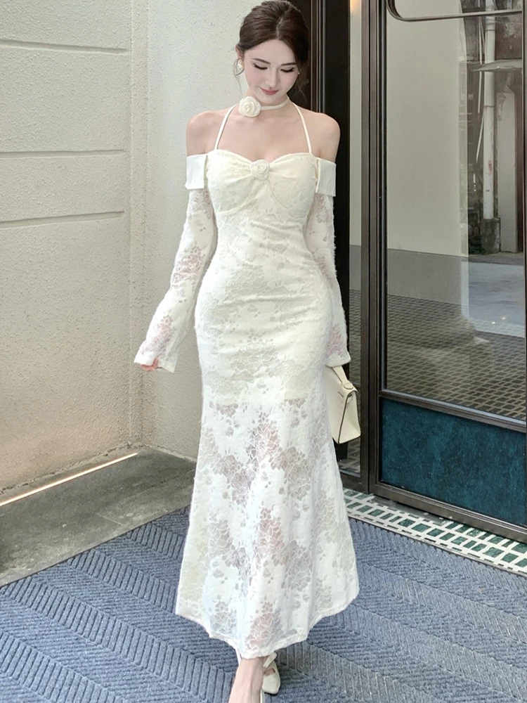 2025 Wit Kant Jacquard Chic Hals Gemonteerde Sexy Lange Jurk Vrouwen Koreaanse Mode Casual Jurk Herfst Elegante Bodycon Feestjurk