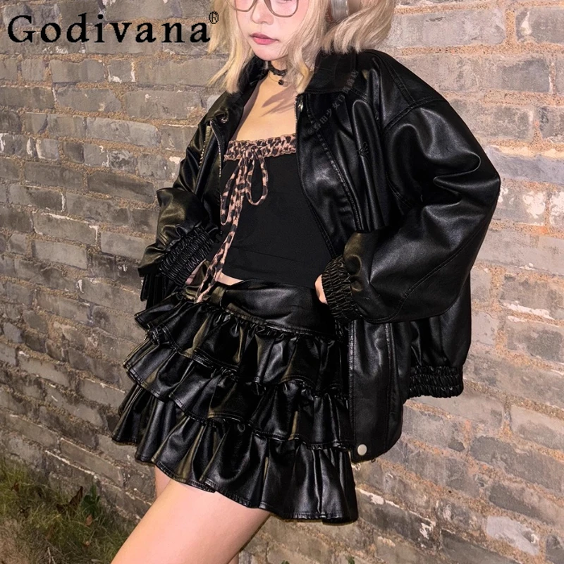 

Fashion Versatile Long Sleeve Turn-down Collar Zipper Handsome Leather Jacket Temperament Girl Black High Waist Short Cake Skirt